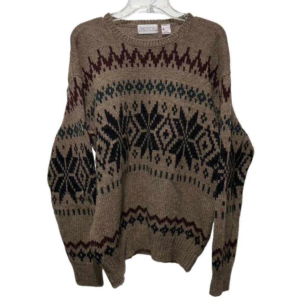 Traditions 90's wool knit Fair Isle sweater in a tan/beige color - Picture 1 of 9